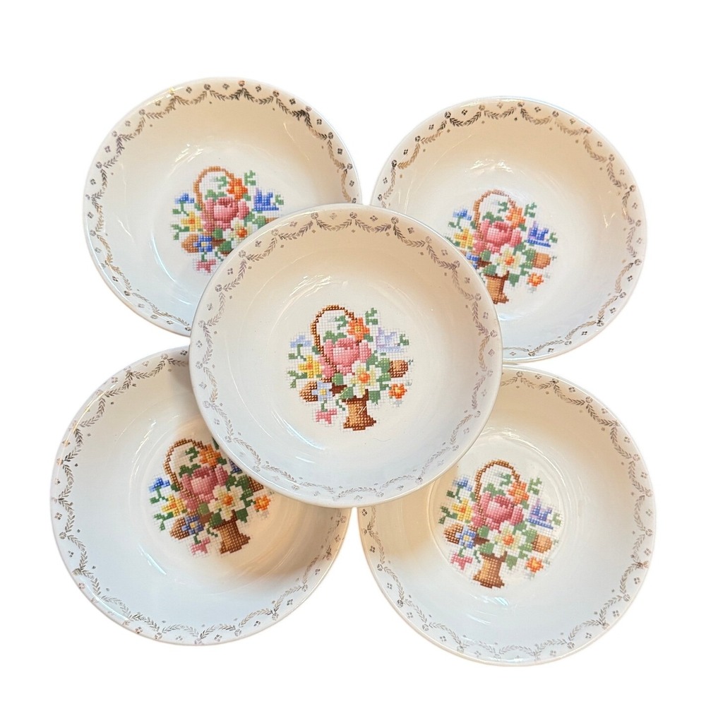 Vintage Century by Salem Cross Stitch Floral Bowls Set of 5 22K Gold Trim 6 Inch